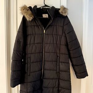 LOFT Black Puffer Jacket with Faux Fur Trim